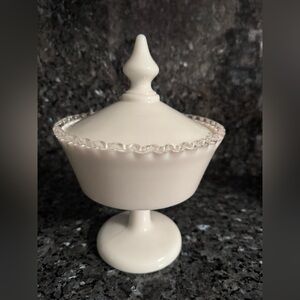 Vintage Fenton Milk Glass Ruffled Candy Dish Pedestal Compote, Bowl with lid.